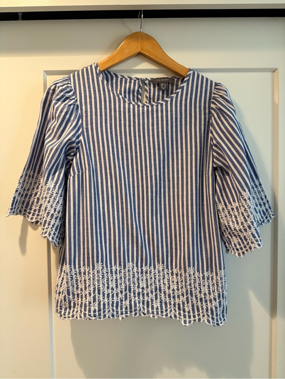 Primark Blue and White Striped Embroidered Bell Sleeve Top
